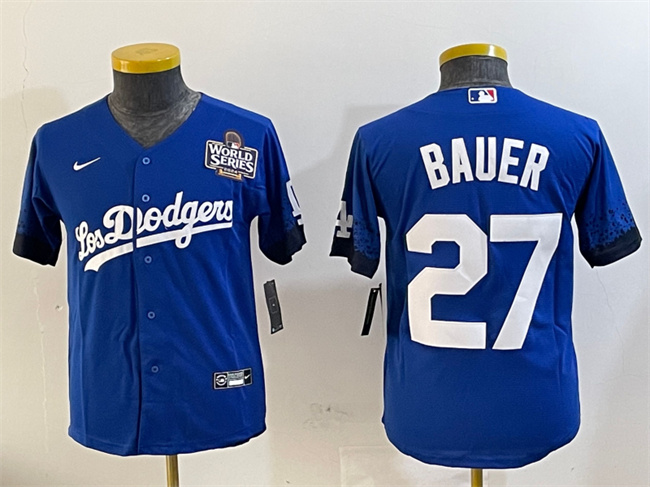 Youth Los Angeles Dodgers #27 Trevor Bauer Blue 2024 World Series City Connect Cool Base Stitched Jersey Youth Los Angeles Dodgers #27 Trevor Bauer Blue 2024 World Series City Connect Cool Base Stitched Jersey